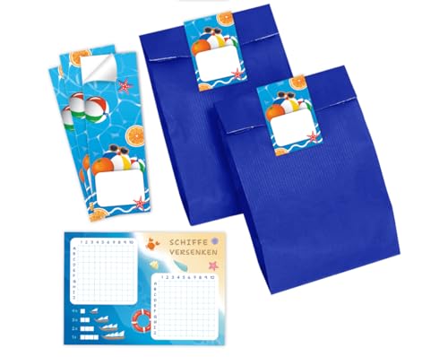 Minkocards 6 Schiffe versenken + 6 Geschenktüten (blau) + 6 Aufkleber Schwimmbad Pool-Party Mitgebsel für Mädchen Jungen Gastgeschenke für Kindergeburtstag Mädchengeburtstag Jungengeburtstag von Minkocards