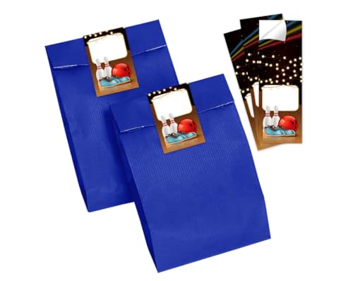 Minkocards 8 Geschenktüten (blau) + 8 Aufkleber Bowlling Kegeln Bowling-Party Geschenktüten für Mitgebsel Gastgeschenk einpacken beim Kindergeburtstag Jungsgeburtstag Mädchengeburtstag von Minkocards