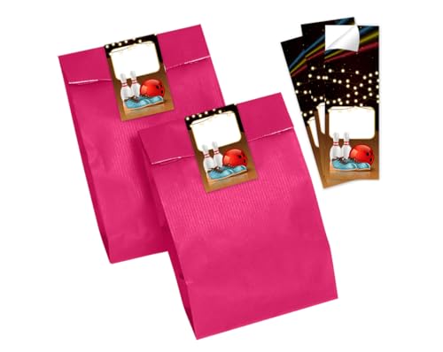 Minkocards 8 Geschenktüten (pink) + 8 Aufkleber Bowlling Kegeln Bowling-Party Geschenktüten für Mitgebsel Gastgeschenk einpacken beim Kindergeburtstag Jungsgeburtstag Mädchengeburtstag von Minkocards