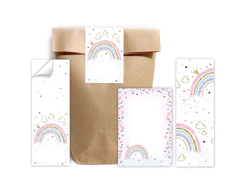 Minkocards 8 Lesezeichen + 8 Notizblöcke + 8 Geschenktüten (Natur) + 8 Aufkleber Regenbogen Mitgebsel für Mädchen Gastgeschenke für Kindergeburtstag von Minkocards