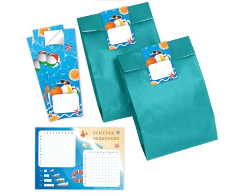 Minkocards 8 Schiffe versenken + 8 Geschenktüten (Petrol) + 8 Aufkleber Schwimmbad Pool-Party Mitgebsel für Mädchen Jungen Gastgeschenke für Kindergeburtstag Mädchengeburtstag Jungengeburtstag von Minkocards