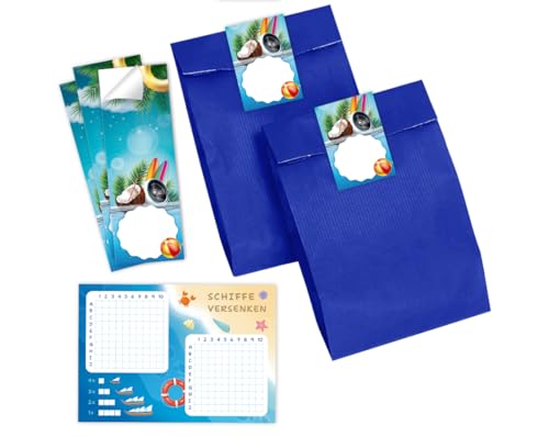 Minkocards 8 Schiffe versenken + 8 Geschenktüten (blau) + 8 Aufkleber Pool-Party Schwimmbad Mitgebsel für Mädchen Jungen Gastgeschenke für Kindergeburtstag Mädchengeburtstag Jungengeburtstag von Minkocards