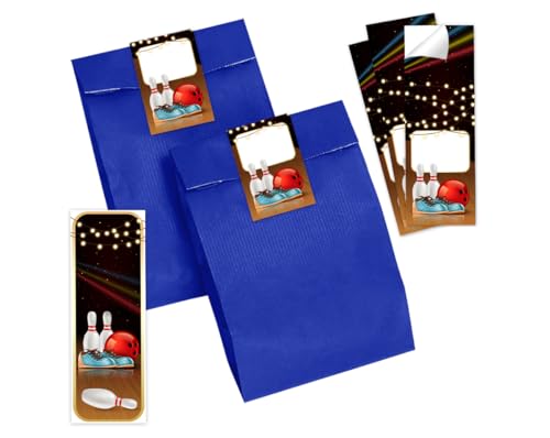 Minkocards Mitgebsel Kindergeburtstag 12 Lesezeichen + 12 Geschenktüten (blau) + 12 Aufkleber Bowlling Kegeln Bowling-Party Gastgeschenke Jungsgeburtstag Mädchengeburtstag von Minkocards