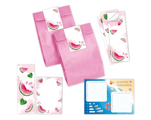 Minkocards Mitgebsel Kindergeburtstag 8 Schiffe versenken + 8 Lesezeichen + 8 Blöcke + 8 Geschenktüten (rosa) + 8 Aufkleber Wassermelone Gastgeschenke für Mädchengeburtstag von Minkocards