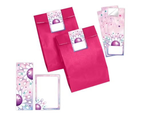 Minkocards Mitgebsel Kindergeburtstag Mädchen 12 Lesezeichen + 12 Notizblöcke + 12 Geschenktüten (pink) + 12 Aufkleber Bowling Kegeln Gastgeschenke für Mädchengeburtstag von Minkocards