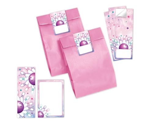 Minkocards Mitgebsel Kindergeburtstag Mädchen 6 Lesezeichen + 6 Notizblöcke + 6 Geschenktüten (rosa) + 6 Aufkleber Bowling Kegeln Gastgeschenke für Mädchengeburtstag von Minkocards