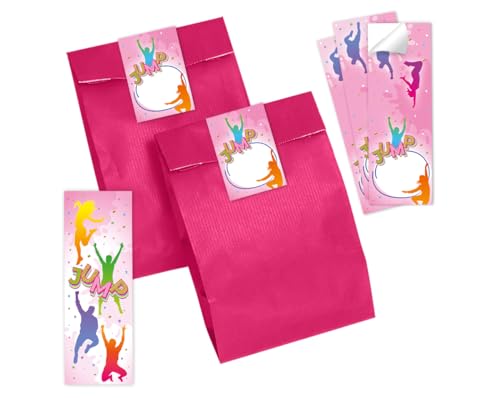 Minkocards Mitgebsel Kindergeburtstag Mädchen 8 Lesezeichen + 8 Geschenktüten (pink) + 8 Aufkleber Jump Trampolin Gastgeschenke für Mädchengeburtstag von Minkocards