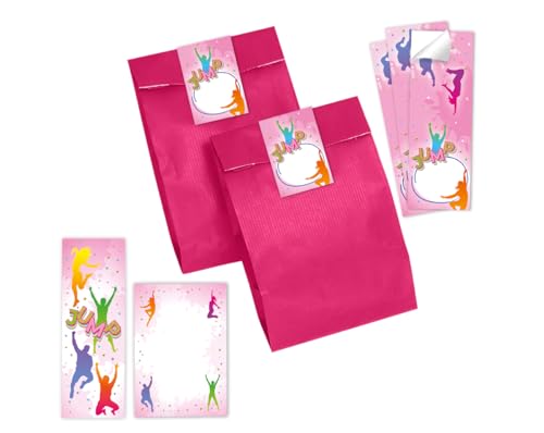 Minkocards Mitgebsel Kindergeburtstag Mädchen 8 Lesezeichen + 8 Notizblöcke + 8 Geschenktüten (pink) + 8 Aufkleber Jump Trampolin Gastgeschenke für Mädchengeburtstag von Minkocards