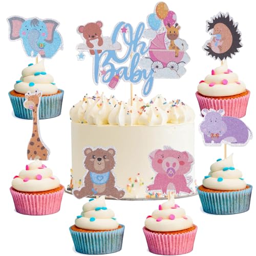 Minnhua 25 Stück Oh Baby Cake Topper, Tiermotiv Muffin Deko, Niedlich Cupcake Dekorieren, Gender Reveal Cupcake Toppers für Geburtstag Babyparty Baby Shower Party Dekorationen von Minnhua