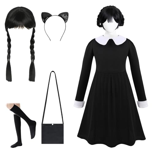 Mino Plus Damen Cosplay Party Kleider Schwarz,Mädchen Wed Kostüm Kinder Prinzessin Schwarz Kleid,Halloween Kleid Mädchen Wed Kostüm mit Perücke,Kostümpartys,Karneval Mädchen Schwarz Midikleid (A, 120) von Mino Plus