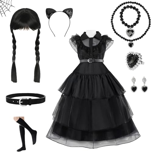 Mino Plus Damen Cosplay Party Kleider Schwarz,Mädchen Wed Kostüm Kinder Prinzessin Schwarz Kleid,Halloween Kleid Mädchen Wed Kostüm mit Perücke,Kostümpartys,Karneval Mädchen Schwarz Midikleid (B, 110) von Mino Plus