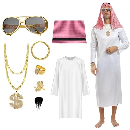 Mino Plus scheich kostüm herren,araber kostüm,sheikh costume with glasses,araber scheich weißer anzugM,L,XL,XXL,Kostüm arabischer Scheich,Karneval Araber Kostüm mit Kopftuch,karneval kostüm (L) von Mino Plus