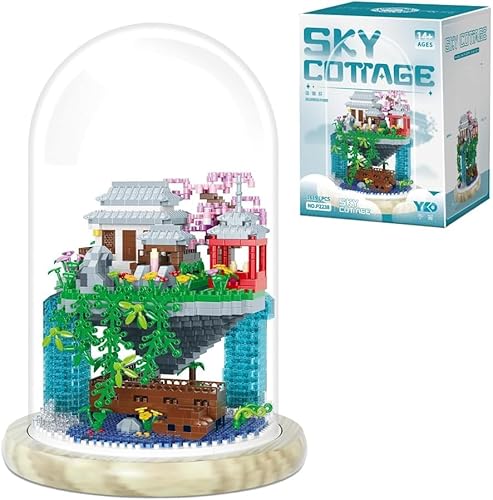 Pfirsichblüten Teich Architektur Mini Baustein, 1619 Teile Klemmbausteine Konstruktionsspielzeug Modell, MOC Modular Haus Architektur Spielzeug, Mit Staubschutzhülle und Holzsockel von Minxtech