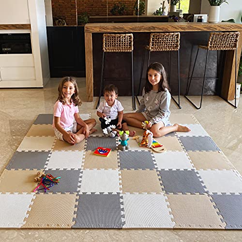 MioTetto Weiche, ungiftige Schaumstoff-Spielmatte für Babys | Bunte Puzzlematten mit 36 Quadraten für Kleinkinder | Ineinander greifende Fliesen aus Eva-Schaum, Creme-Grau-Beige, 36 von MioTetto