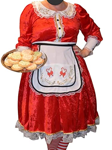 Frauen Cosplay Kostüm Set Dienstmädchen Oma Lange Ärmel Kleid mit Hut Schürze für Weihnachten Halloween Rollenspiel (B-Rot Weiß, S) von Miolasay