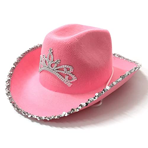Miolasay Cowboyhut für Damen, Plüschbesatz, Kordelzug, verstellbar, Western-Disco-Fisch-Hut, ausgefallene Feiertagsparty, Kostümzubehör (B-Pink Denim, Einheitsgröße) von Miolasay
