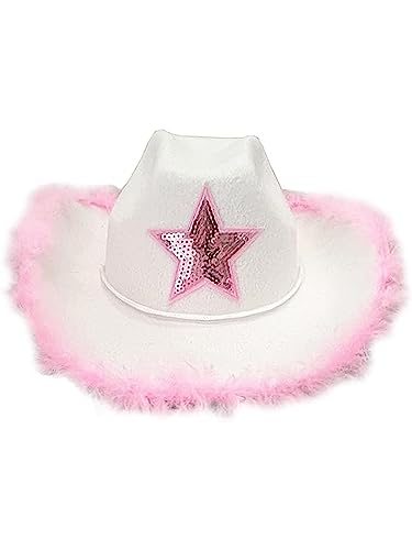 Miolasay Damen Cowboyhut mit Plüschbesatz und Kordelzug, anpassbar, Western-Disco-Fischhut, ausgefallener Feiertagsparty-Kostüm, Zubehör (B-Weiß Pink, Einheitsgröße) von Miolasay