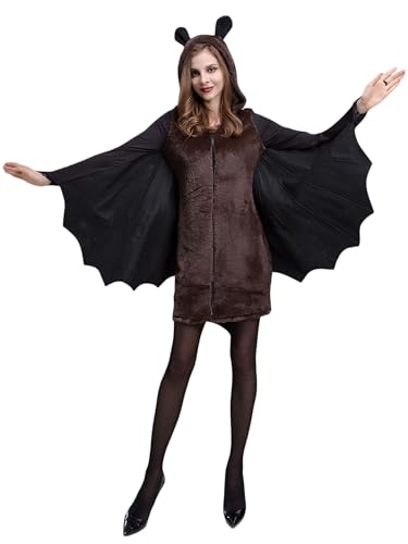 Miolasay Damen Schwarz Fledermaus Reißverschluss Hoodie Halloween Kostüme Halloween Fasching Party Kleid Halloween Erwachsene Rollenspiel Kleidung (A-Schwarz, L) von Miolasay