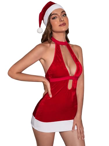Miolasay Frauen-Weihnachtskostüme, Frontausschnitt, rückenfreies Kleid und Weihnachtsmannmütze für Cosplay, Maskerade, Rollenspiel, Party-Outfits (A-Rot, S) von Miolasay