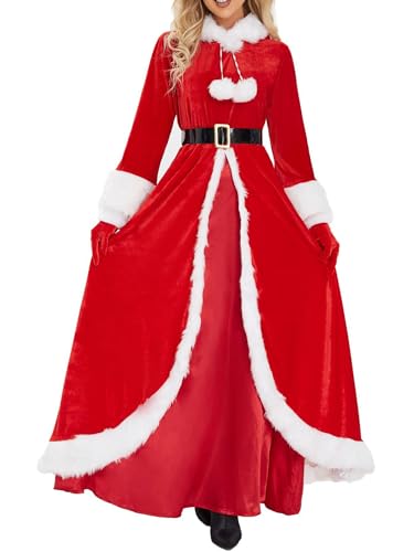 Miolasay Frauen Weihnachtskostüme Langarm Kapuzenkleider mit Gürtel und Handschuhen Set Cosplay Rollenspiel Party Outfits (A-Rot, S) von Miolasay