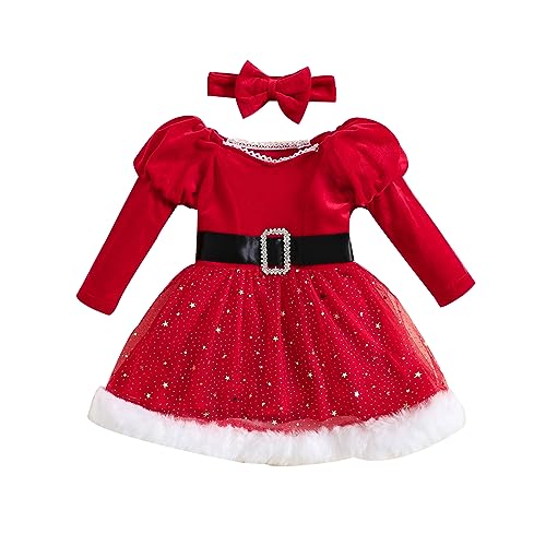 Miolasay Kleinkind Baby Mädchen Weihnachtsoutfit Weihnachtsmann Strampler Kleid Langarm Prinzessin Tüll Kleid mit Stirnband 2-teiliges Set (C-Red, 6-12 Monate) von Miolasay