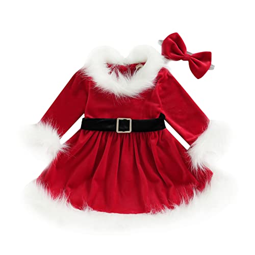 Miolasay Kleinkind Baby Mädchen Weihnachtsoutfit Weihnachtsmann Strampler Kleid Langarm Prinzessin Tüll Kleid mit Stirnband 2-teiliges Set (E-Weiß Rot, 12-18 Monate) von Miolasay