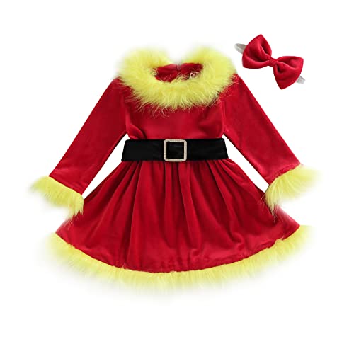 Miolasay Kleinkind Baby Mädchen Weihnachtsoutfit Weihnachtsmann Strampler Kleid Langarm Prinzessin Tüllkleid mit Stirnband 2-teiliges Set (E-Gelb-Rot, 18-24 Monate) von Miolasay