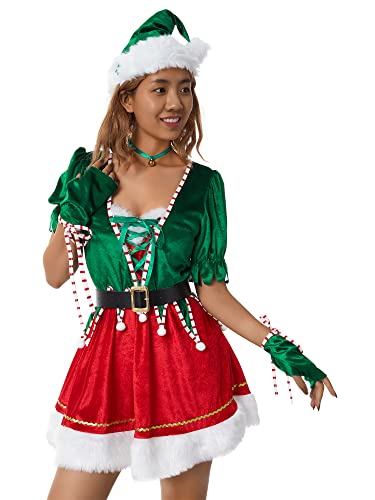 Miolasay Weihnachtselfenkostüm für Eltern und Kind, Familie, passendes kurzärmeliges Kleid, Hose über dem Knie, mit Hut, Gürtel und Socken (C-Dunkelgrün, Damen, XL) von Miolasay