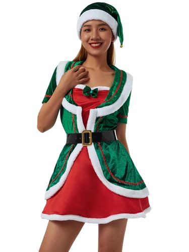 Miolasay Weihnachtselfenkostüm für Eltern und Kinder, Familie, passendes kurzärmeliges Kleid, Hose über dem Knie, mit Hut, Gürtel und Socken (C-Green Woman, L) von Miolasay