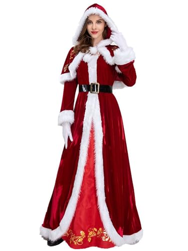 Weihnachts-Kostüm für Damen, Weihnachtsmann-Kostüm, Cosplay, Weihnachten, Party, Erwachsene, Deluxe-Outfits, langes Kleid mit Hut, Handschuhen (A-Red, L) von Miolasay