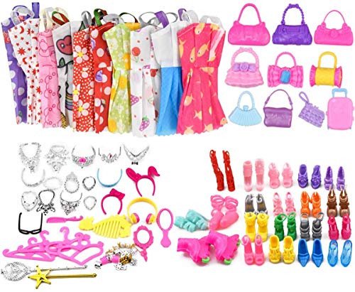 Miotlsy Kleidung Accessories für Barbie Puppen 20 Set Kleid Dress 30 Stück Schmuckzubehör erhalten Halskette Spiegel Kleiderbügel 20 Paar Schuhe und 10Pcs Handtasche für 11,5 Zoll Mädchen Puppen von Miotlsy