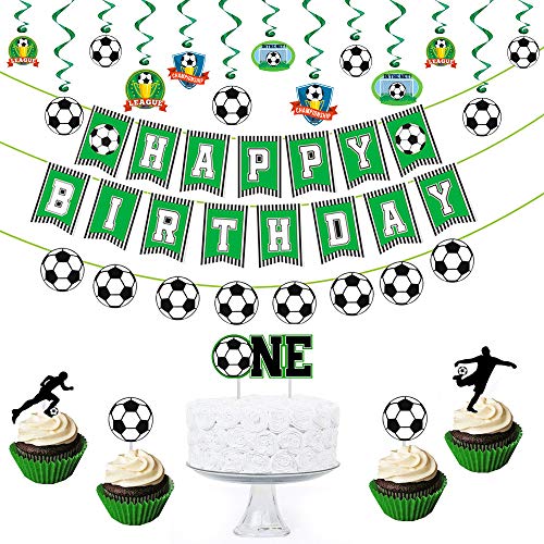 Miotlsy Soccer Tortendeko, 28 Stück Cupcake Topper Kuchen Deko Sport Soccer Party Tortenfiguren Einschulung Schulkind Happy Birthday TortendekoGeburtstag Deko für Kinder Mädchen Junge von Miotlsy