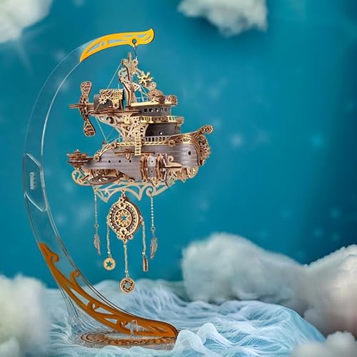 Mious 3D DIY Hölzerne Steampunk Flyship Puzzle Modell mit Acryl Display Stand, Kreative Assembling Desktop Spielzeug Geschenk für Erwachsene Und Jugendliche (Kit Version) von Mious