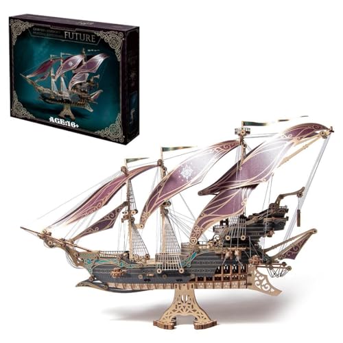 Mious 3D DIY hölzernes Piratenschiff Montage Modell,Steampunk zusammengebautes Spielzeug,Erwachsenenpädagogisches handgefertigtes Modell(Lila) von Mious