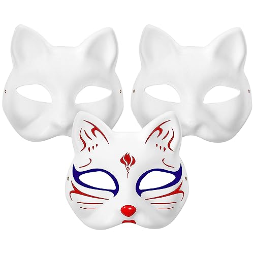 Mipcase Katzen-Gesichtsmaske Zum Selbermachen: 3 Stück Handbemalte Unbemalte Blanko-Maskerade-Katzenmasken Zum Selbermachen Papiermasken Tier-Halbgesichtsmasken – Cosplay-Party-Zubehör von Mipcase