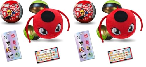 Miraculous Ladybug, 4-1 Überraschungs-Miraball, Spielzeug für Kinder mit Sammelfigur, Metallball, Kwami-Plüsch, glitzernden Aufklebern und weißem Band (Wyncor), 1 Stück (Packung mit 2) von Miraculous