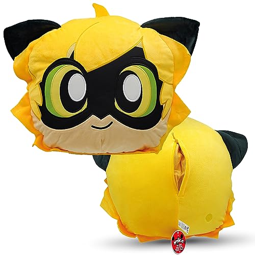 Miraculous Ladybug - Huggie Hideaway, 40cm Plüschkissen, extra weiches Plüschspielzeug, für Kinder, mit Einer großen geheimen Reißverschlusstasche auf der Rückseite (Wyncor (Cat Noir) von Miraculous