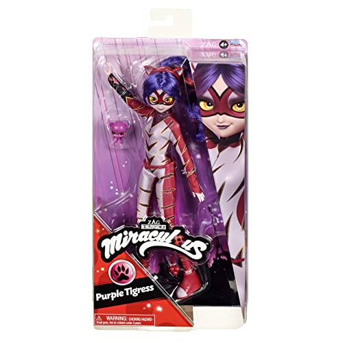 BANDAI Miraculous Ladybug and Cat Noir Toys Purple Tigress Fashion Doll | Gelenkige 26 cm lila Tigress Puppe mit Zubehör und Miraculous Kwami | Lila Tigress Figur Miraculous Dolls von BANDAI