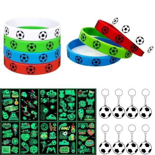 26 Stück Fußball Party Mitgebsel, 8 Stücke Fußball Armband + 8 Stücke Fußball Schlüsselringe + 10 Leuchtende Fußball Aufkleber Sticker Fußball Give Aways für Fussball Party Kindergeburtstag von Mirrwin