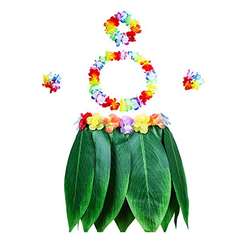 Hawaiikette Gras Röcke Hawaiian Halskette Girlande Blatt Hula Rock und Hawaiian Leis Set Grass Rock künstlichen Hibiskusblüten für Beachparty Hawaiiparty Mottoparty Karneval Strandtanzparty 5 PCS von Mirrwin