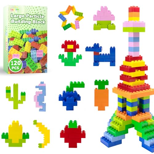 Mirthben 120 Stück Große Bausteine Set, 2 Formen und 8 Farben Bauklötze Kompatibel mit Duplo und Allen führenden Marke, Bunte Bauspielzeug für Kinder ab 3 Jahren von Mirthben