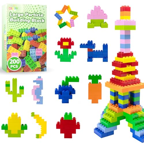 Mirthben 200 Stück Große Bausteine Set, 2 Formen und 8 Farben Bauklötze Kompatibel mit Duplo und Allen führenden Marke, Bunte Bauspielzeug für Kinder ab 3 Jahren von Mirthben