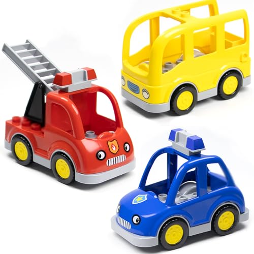 Mirthben 4 Stück Fahrzeug Bausteine Set, Große Bausteine Zubehör mit Feuerwehrauto, Polizeiauto, Schulbus & Motorrad, Kompatibel mit DUPLO Steinen, Großbausteine Spielzeug für Kinder ab 3 Jahren von Mirthben