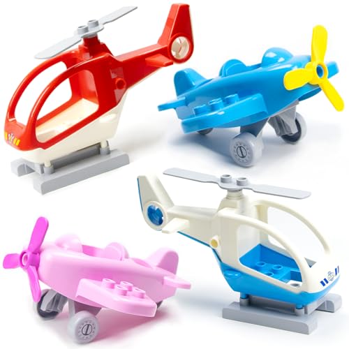 Mirthben 4 Stück Flugzeug Bausteine Set, Große Steine mit 2 Hubschrauber + 2 Kampfflugzeuge, Drehbare Rotoren und Räder, kompatibel mit DUPLO, Bausteine Zubehör Spielzeug für Kinder ab 3 Jahren von Mirthben