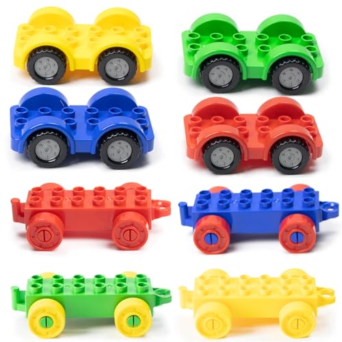 Mirthben 8 Stück Multifahrzeug Bausteine Set, kompatibel mit DUPLO, 4 Autos + 4 Zuganhänger, Bausteine Set Spielzeug Starterset für Kinder ab 3 Jahren, Zahlenzug & Spielzeugzug Große s Set von Mirthben