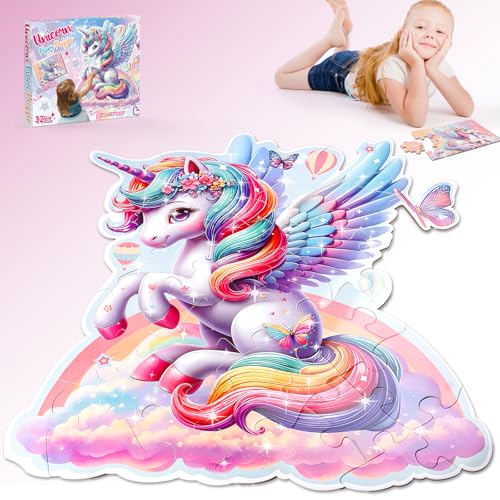 2 in 1 Einhorn Puzzle Spielzeug, 70x80 cm Bodenpuzzle ab 3 4 5 6 7 8 9 Einhorn Geschenke für Mädchen, Einhorn Puzzle ab 3 4 5 Jahre Mädchen, Einhorn Glitzerglück Spiel Geschenke Mädchen 3-9 Jahre von Mirthigig