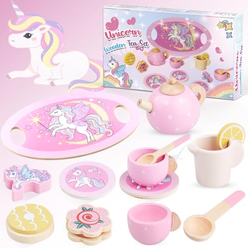 Einhorn Kinder Holz Teeservice Spielküche Zubehör, Einhorn Tee Set Teeparty Geschenke für Mädchen, Kindergeschirr Kinderküche Holzspielzeug Rollenspiele Geschenk für Mädchen Kinder Einhorn Spielzeug von Mirthigig