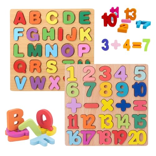 MisFun 2 Stück Holzpuzzle, Kinder Steckpuzzle aus Holz Greifpuzzle, Holz Puzzle Zahlen Buchstaben Grafiken, ab 3+ Jahre Kinder Spielzeug für Frühes Lernen Bildungsspiele von MisFun