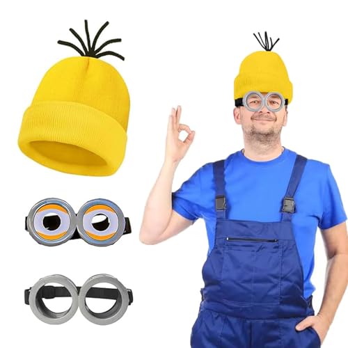 MisFun 3 Stück Minion Kostüm Zubehör, Halloween Cosplay, Faschingskostüm, Halloween Kostüm Zubehör, Film Kostüm Erwachsene, 2 Steampunk Brille und 1 Gelbe Beanie Hüte, für Damen Herren Kinder von MisFun