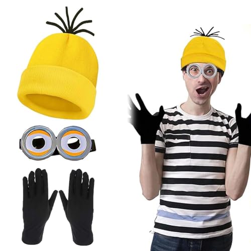 MisFun 3 Stück Minion Kostüm Zubehör, Halloween Cosplay, Faschingskostüm, Halloween Kostüm Zubehör, Schwarze Handschuhe und Gelbe Beanie Hüte, Steampunk Brille, für Damen Herren Kinder von MisFun